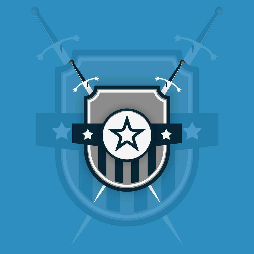 blue and gray shield with swords logo design vector