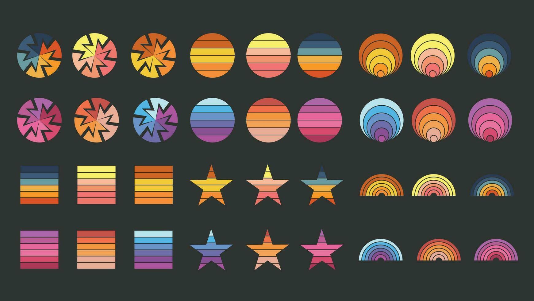 retro vector set of sunset, star,square,lighning,rainbow and random shape collection for banner or print. 90's style retro wave striped circles vector illustration isolated in black.