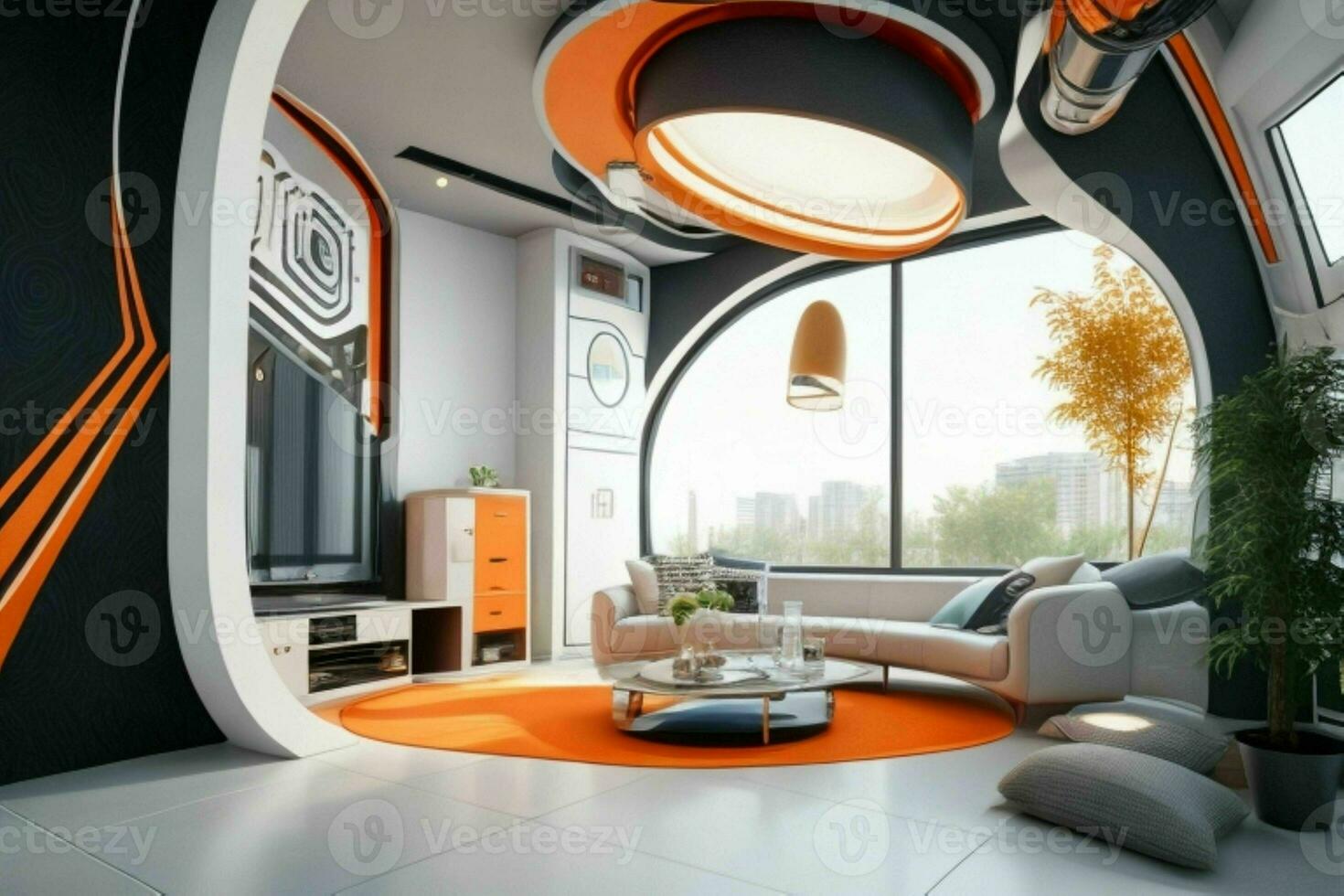 living room in trendy futurism style. Pro Photo