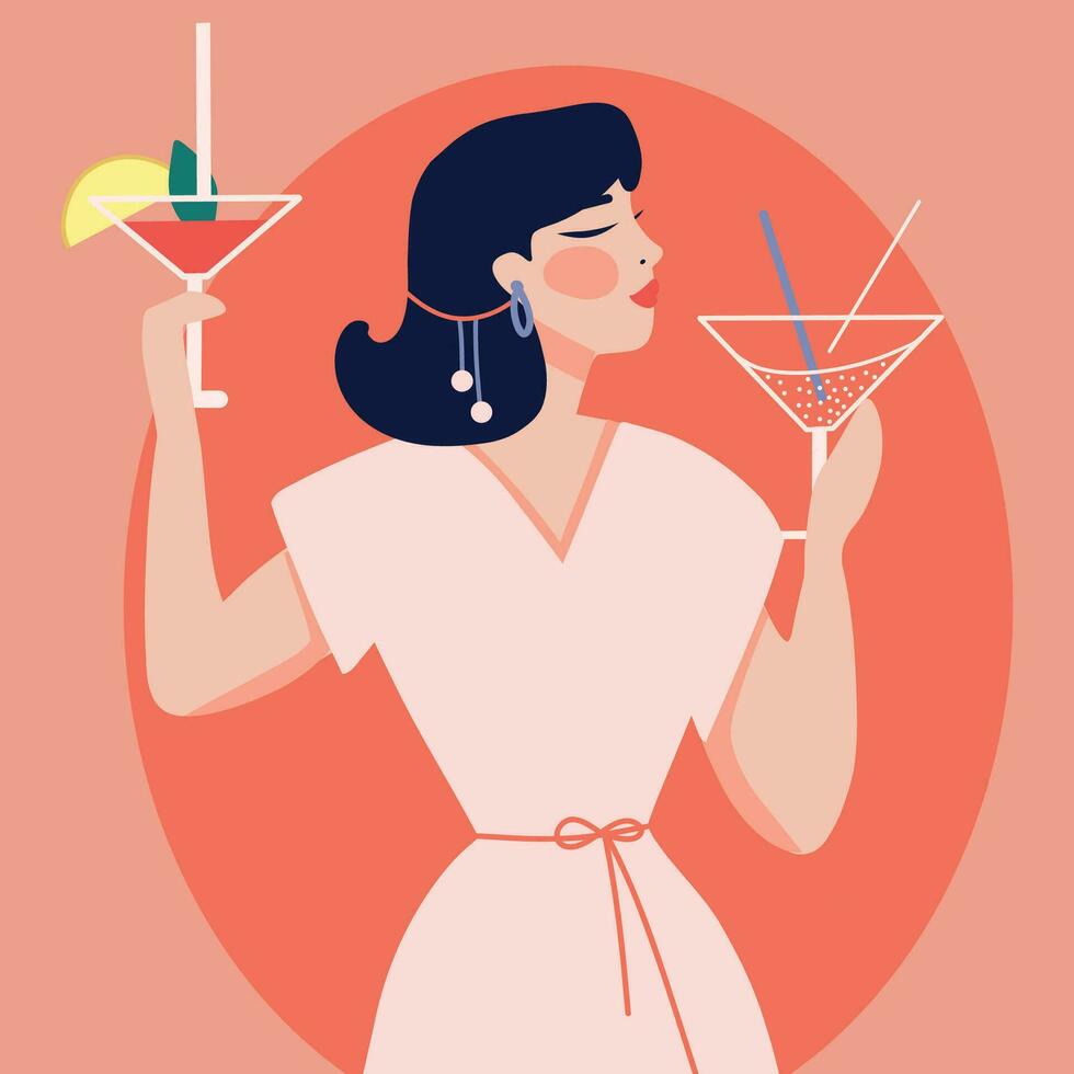 Flat illustration of a girl with a cocktail in her hand with a glass in the style of a flat illustration. Icon girl with a glass vector