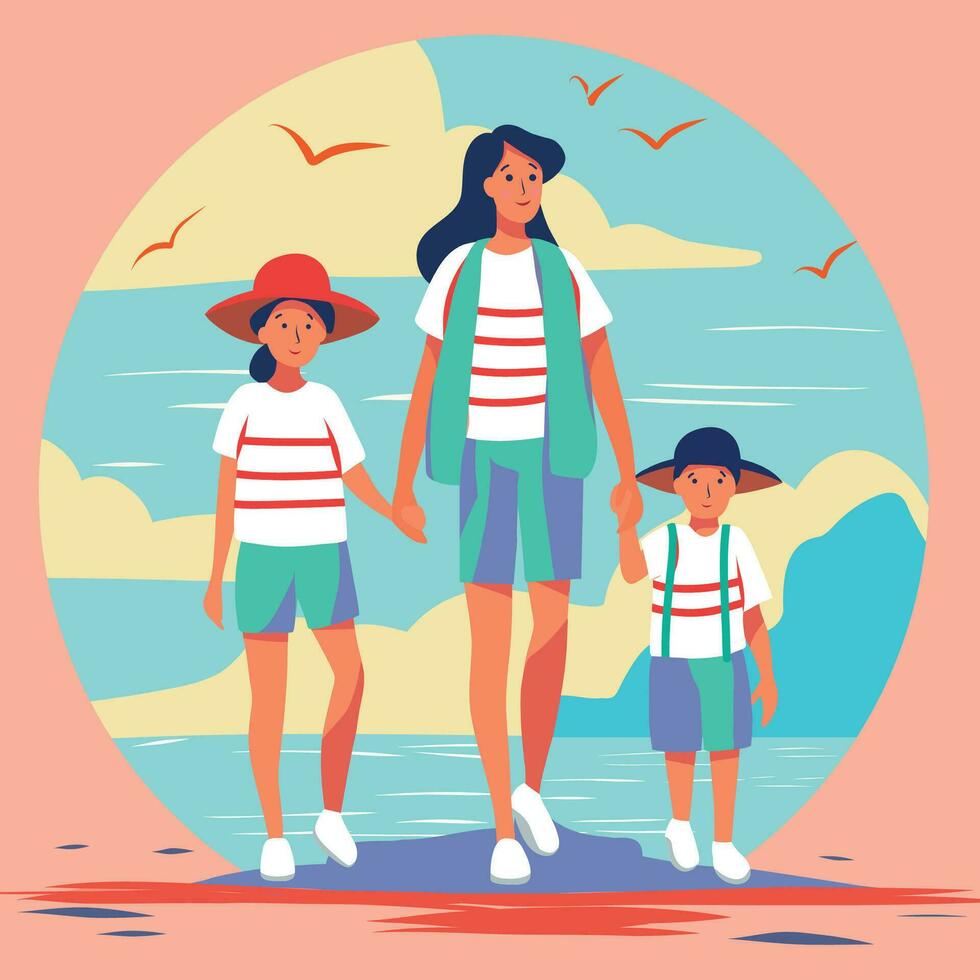 Family woman mom and children son and daughter boy and girl in flat vector abstract illustration. Happy family walk in the city walk by the sea on vacation