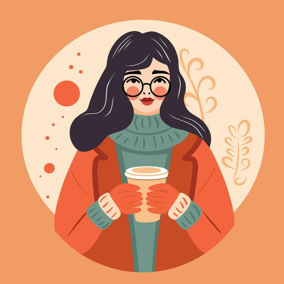 Girl 1 in glasses drinking coffee outdoors woman enjoying cappuccino in a glass mug, young woman holding a cafe cup, coffee to go, flat vector, gentle shades, autumn, sweater vector