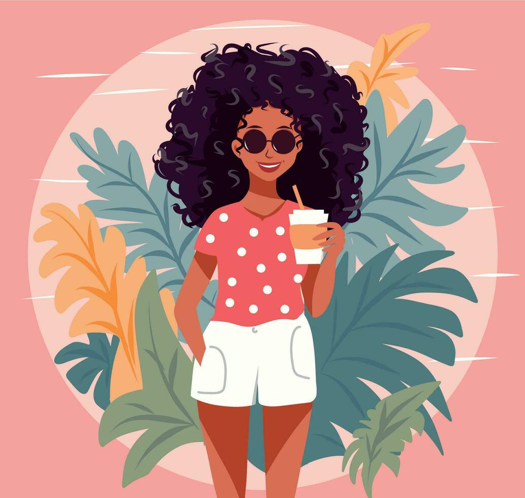 Barista job in coffee shop concept. Young stylish afro girl barista stands and smiles while holding a cup of coffee and drinks for a customer vector illustration in tropical exotic style