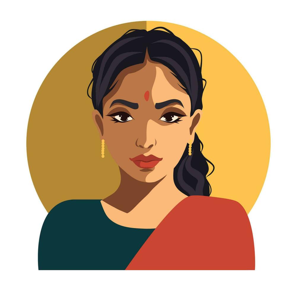 Vector icon of social media avatar girl indian girl from india. Indian culture. Portrait of a young woman of national image. Flat graphic vector illustration