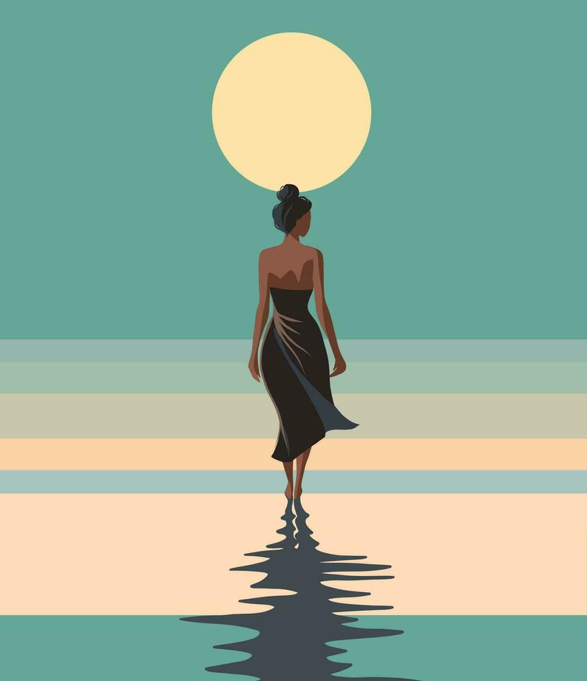 Vector illustration at sunrise a girl in a hat on vacation walks along the ocean shore flat illustration pastel palette