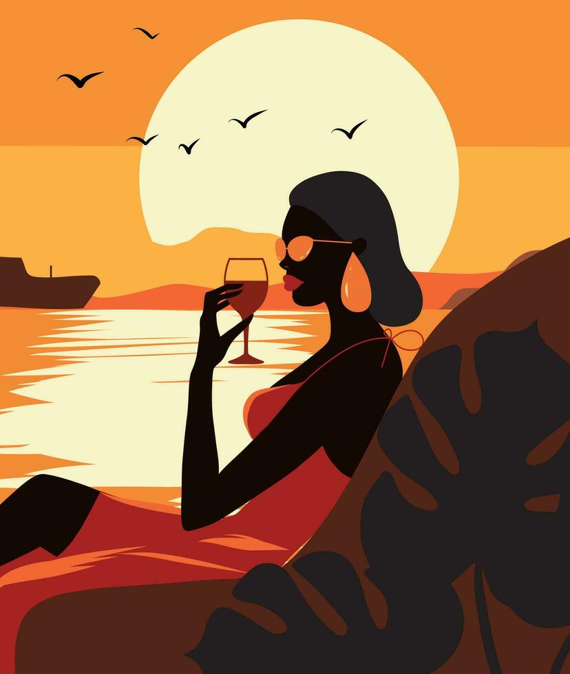 beach scene. Resort summer vacation. a young woman in a beautiful evening dress sits on the seashore holding a glass in her hands against the backdrop of a seascape and sunset, evening beach. Vector