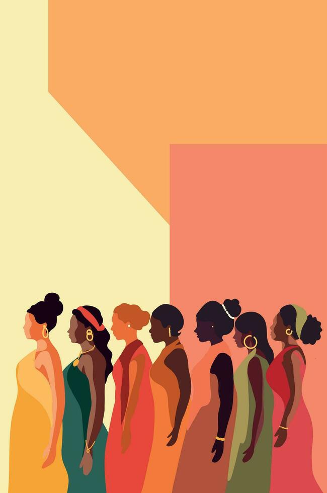 vector plano vertical bandera para internacional De las mujeres día, hermosa personas de diferente culturas y nacionalidades estar en un fila lado por lado juntos. el concepto de el movimiento para género igualdad