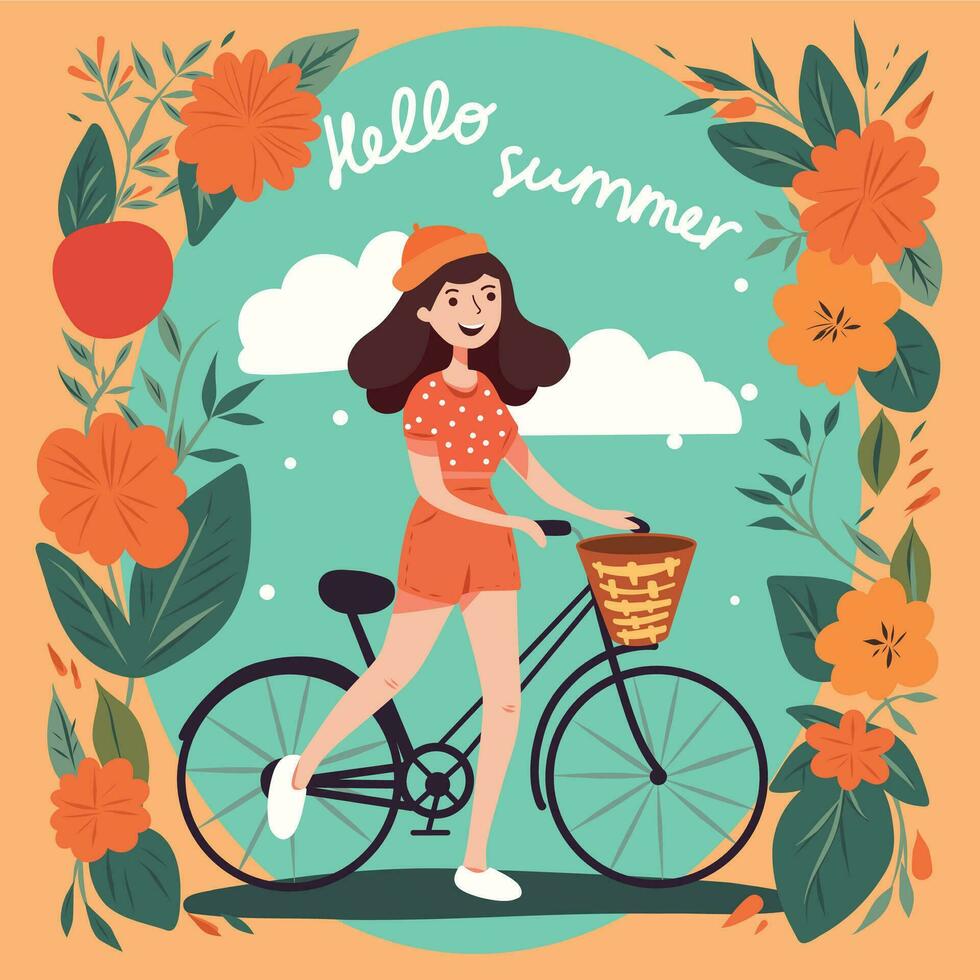 brillante vector ilustración concepto Hola verano linda niña con bicicleta entre flores y plantas naturaleza ajuste tarjeta postal póster plano estilo