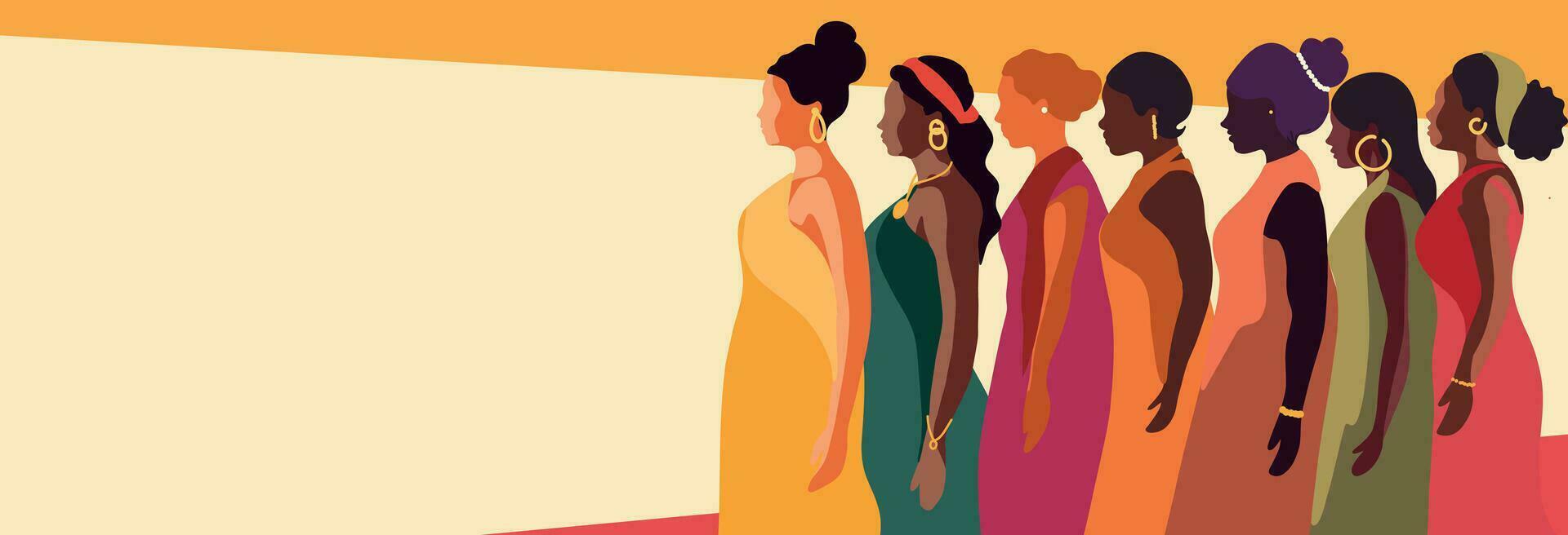 Vector flat horizontal banner for International Women's Day, beautiful people of different cultures and nationalities stand in a row side by side together. The concept of the movement for gender equal