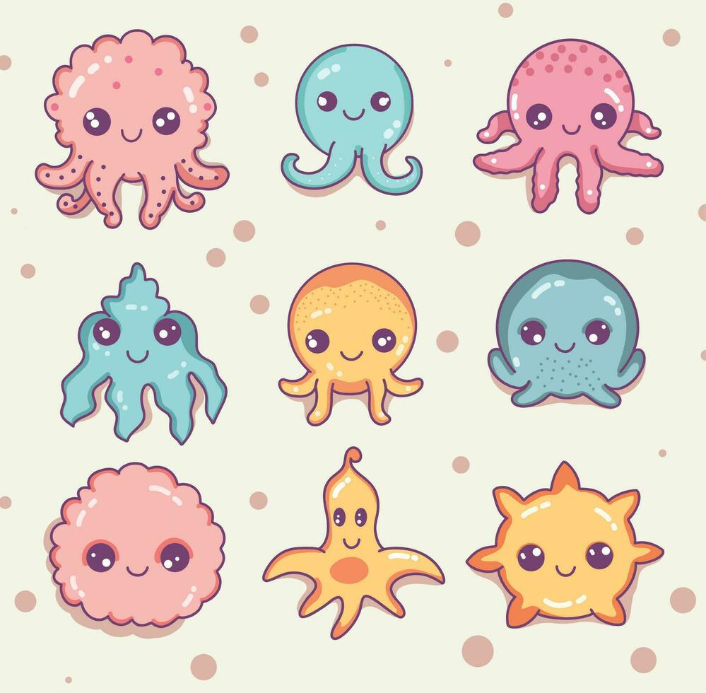 conjunto de linda mano dibujado animales dibujos animados pulpo diseño. linda mar animales garabatear. niño gráfico. kawaii concepto. vector