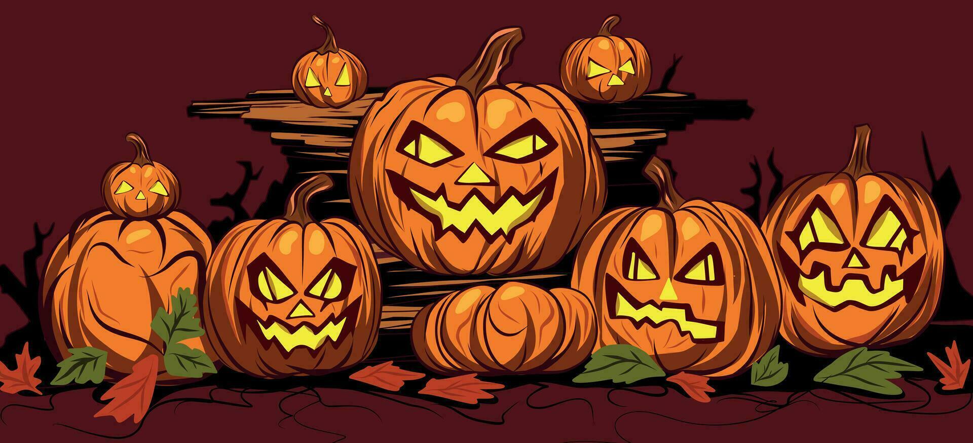 Vector illustration of invitation banner for halloween autumn glowing pumpkins and leaves on dark background