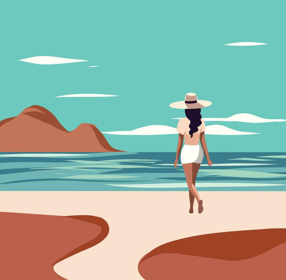 Vector flat graphics girl on vacation walking by the sea sun oasis hotel villa beige pastel color palette