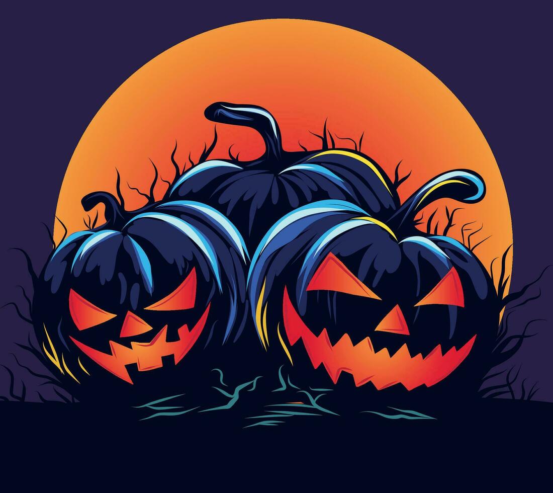 Vector bright banner of halloween pumpkins on the background of the moon