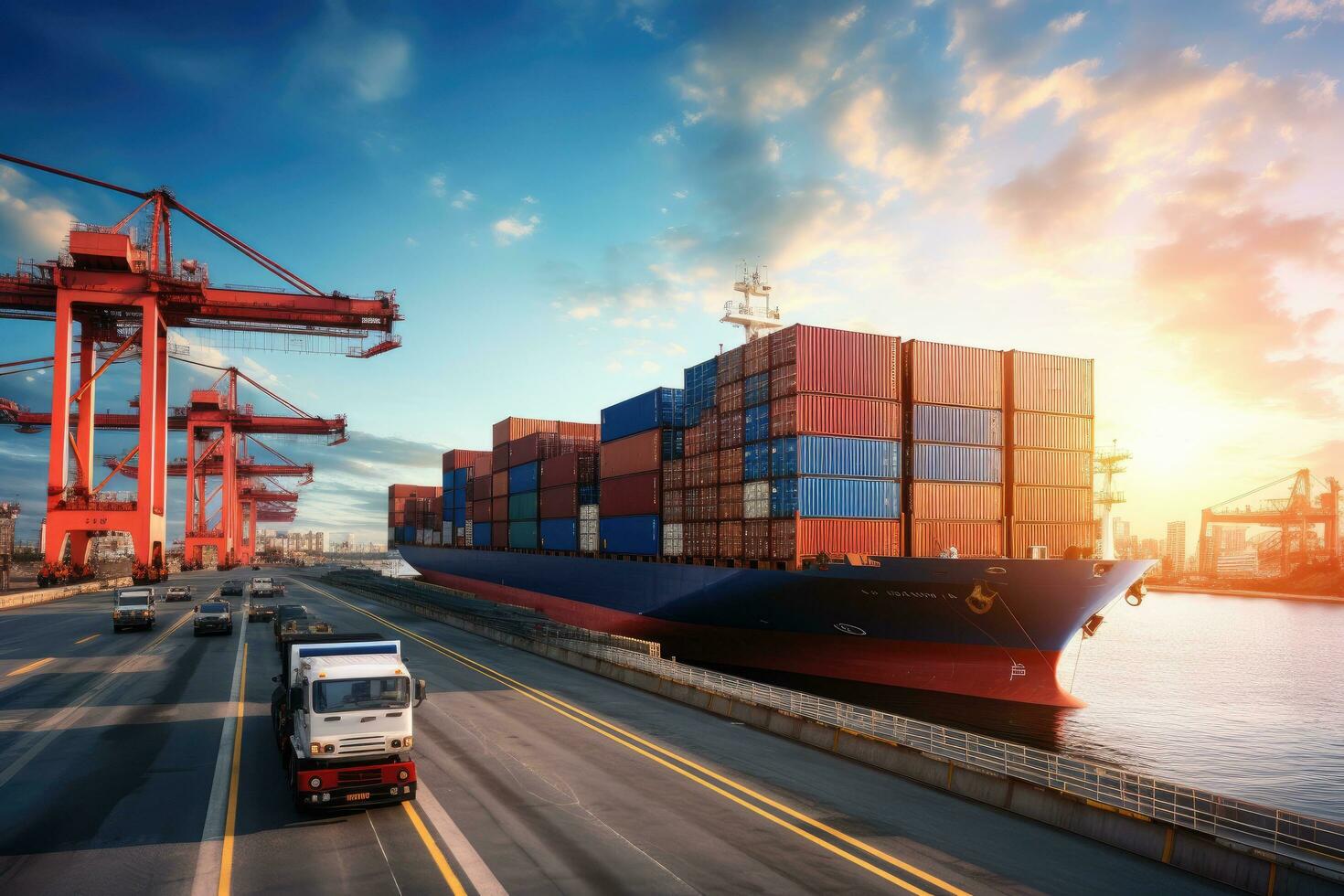 Container Cargo freight ship with working crane bridge at , Container Cargo freight ship with working crane bridge in the sea for Logistic Import Export background, AI Generated photo