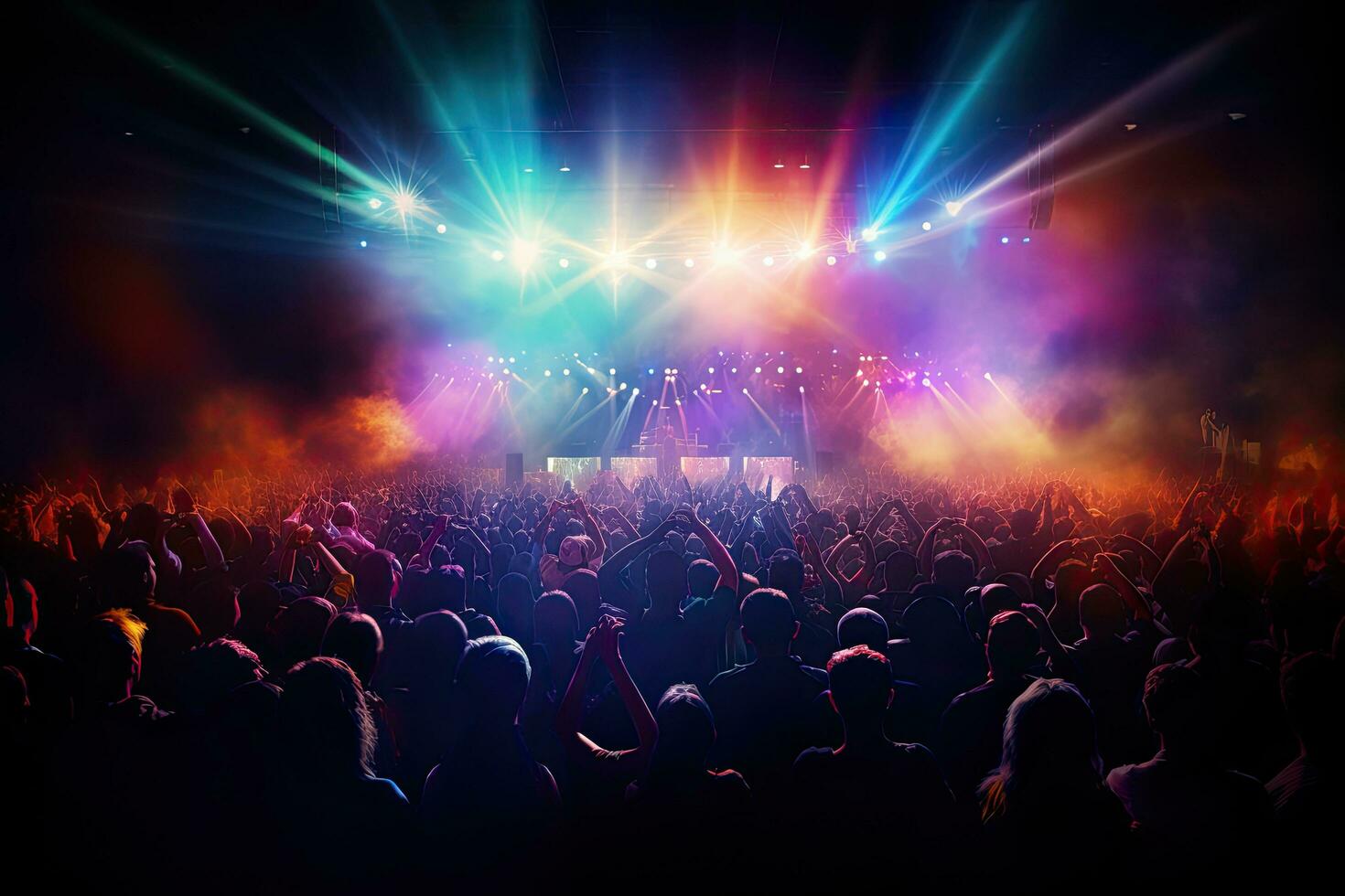 Concert crowd in front of a bright stage with lights and smoke, Concert crowd in front of bright stage lights - 3D render, AI Generated photo