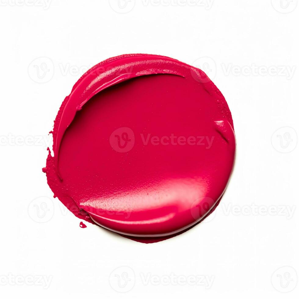 Beauty swatch and cosmetic texture, circle round red lipstick sample isolated on white background, paraffin wax sealing stamp, generative ai photo