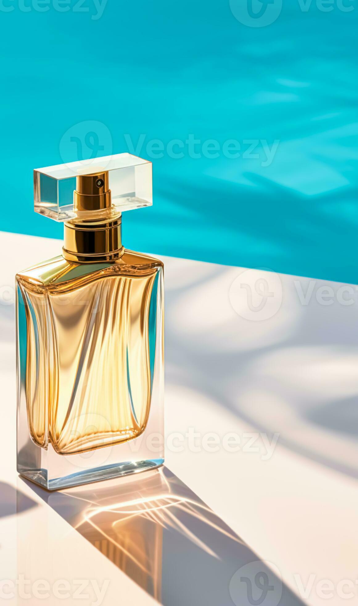 A bottle of perfume on the seashore is enveloped in a wave. Yellow sand on  the beach, marine cosmetics and fragrance. Neural network AI generated  23138219 Stock Photo at Vecteezy