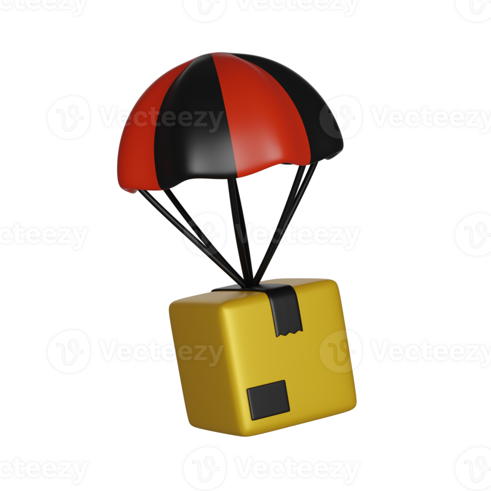 Black Friday, fast delivery service, air balloon with delivery box. 3D render icon png