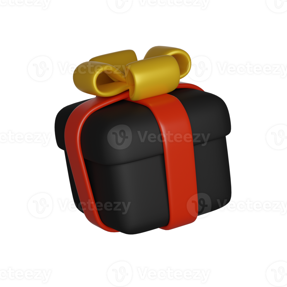 Black friday, cute black present box with gold bow. 3D render icon png