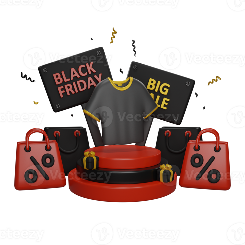 Black friday, T-shirt on a podium. Online shopping clothes concept. 3D render png