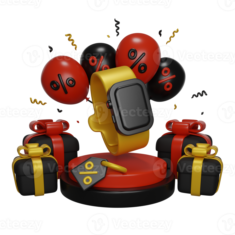 Black friday, Super Sale Smart Watch on a podium. 3D render concept png