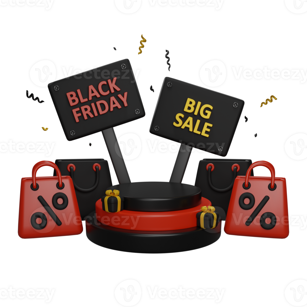 Black friday, podium with shopping bags and signboards around. 3D render concept png