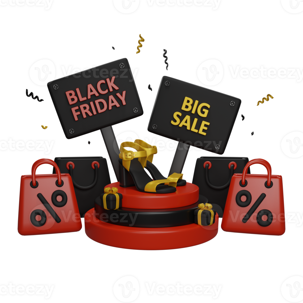 Black friday, woman shoes on a podium. Online shopping clothes concept. 3D render png