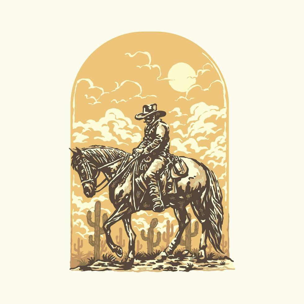 Cowboy on horseback in the desert with cactus and orange sunset sky vector