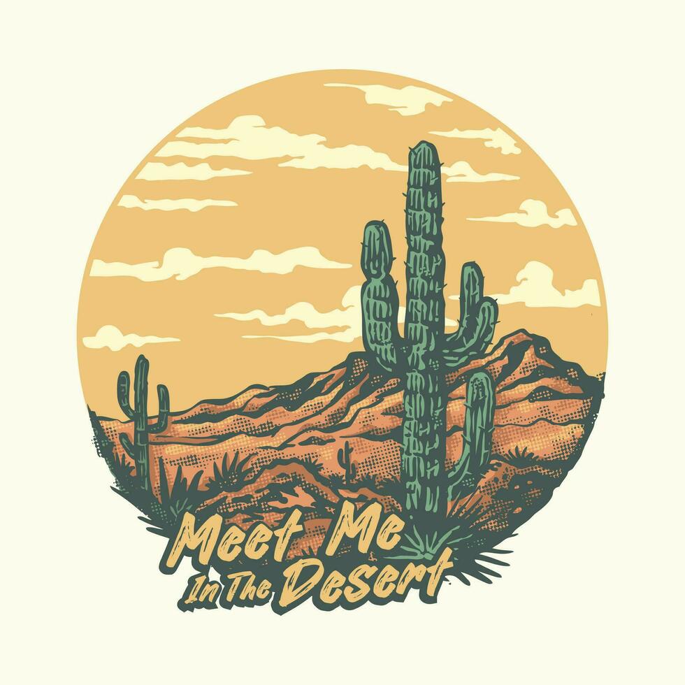 A graphic of a wild west desert landscape with a cactus and mountains in the background vector