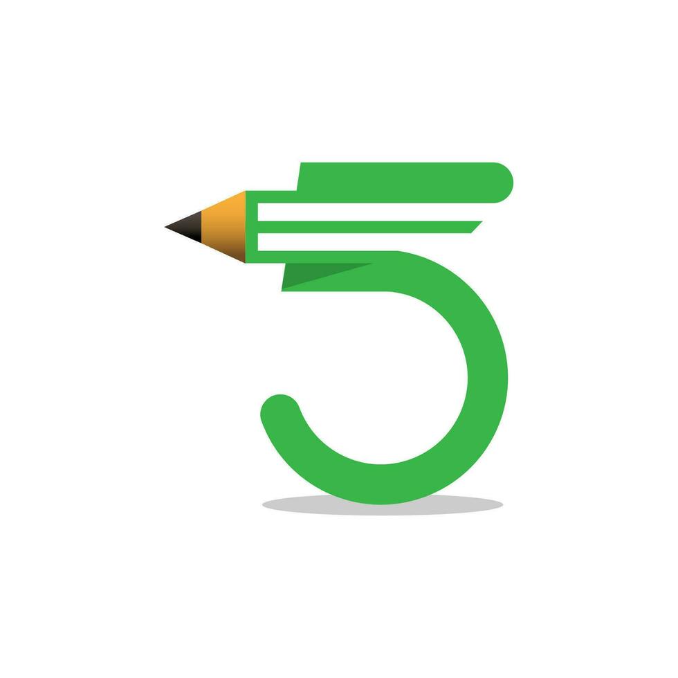 esta logo es combinación número cinco con lápiz. Perfecto vector infantil para un colegio estilo dibujos animados, linda cómic imprimir, jardín de infancia carteles, etc.