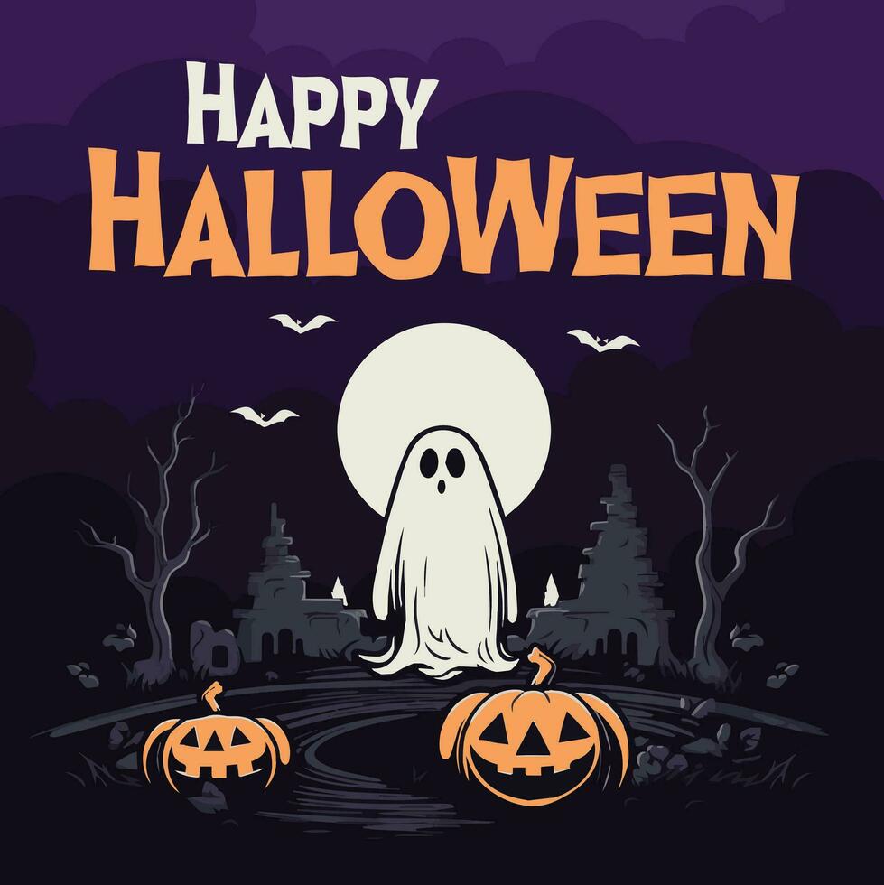 Happy Halloween poster party invitation background with ghost and pumpkins in vector illustration. flat design style, orange and violet color.