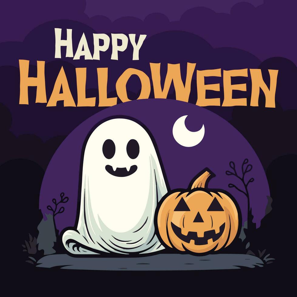 Happy Halloween poster party invitation background with ghost and pumpkins in vector illustration. flat design style, orange and violet color.