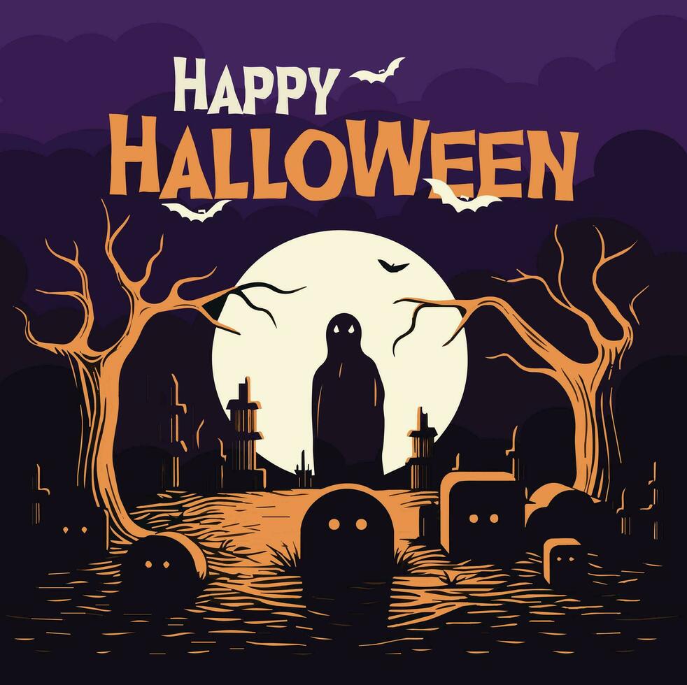 Happy Halloween poster party invitation background with ghost in cemetery against full moon in vector illustration. flat design style, orange and violet color.