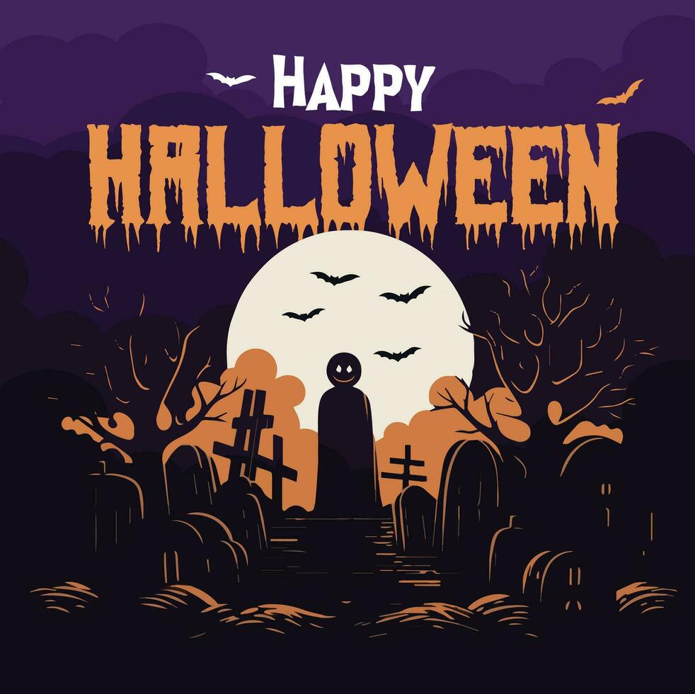 Happy Halloween poster party invitation background with ghost in cemetery against full moon in vector illustration. flat design style, orange and violet color.