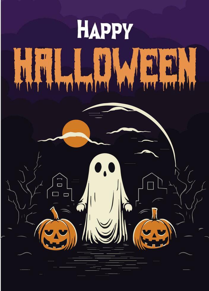 Happy Halloween poster party invitation background with ghost and pumpkins in vector illustration. flat design style, orange and violet color.