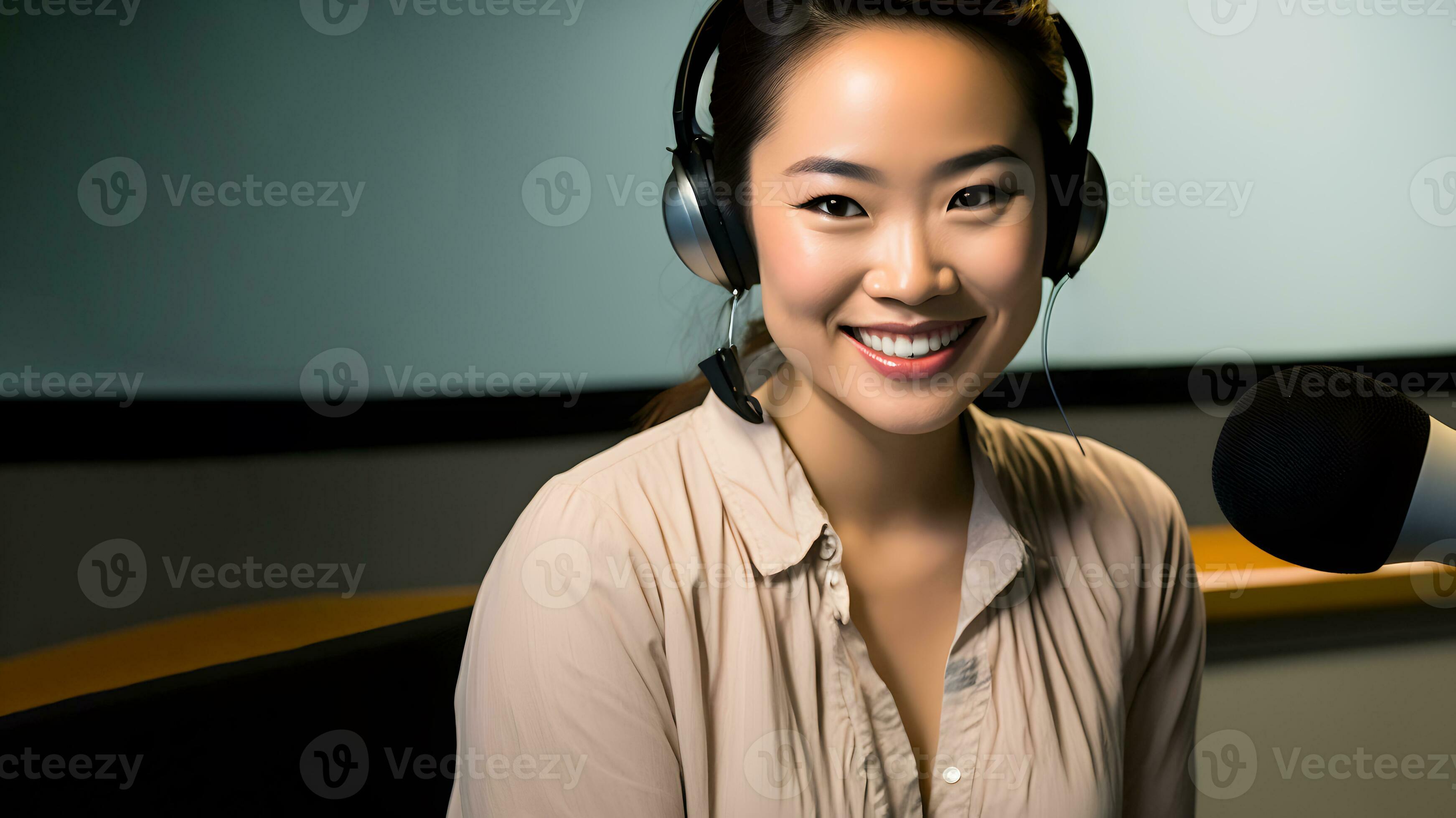 Asian Radio Host with Headphones and Microphone Smiling. Generative AI