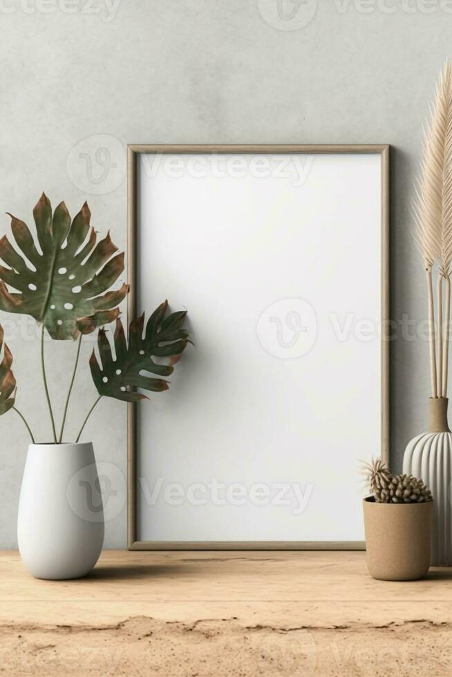 Generative AI. Blank picture frame mockup on wall in modern interior. Artwork template mock up in interior photo