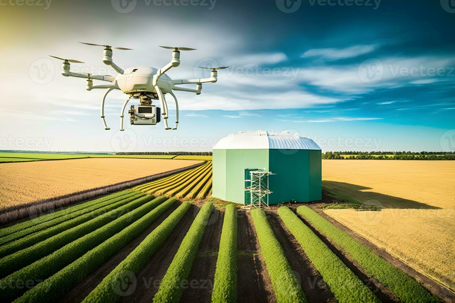 Solar-Powered Drone Monitoring Crops in Future Farming with generative Ai photo