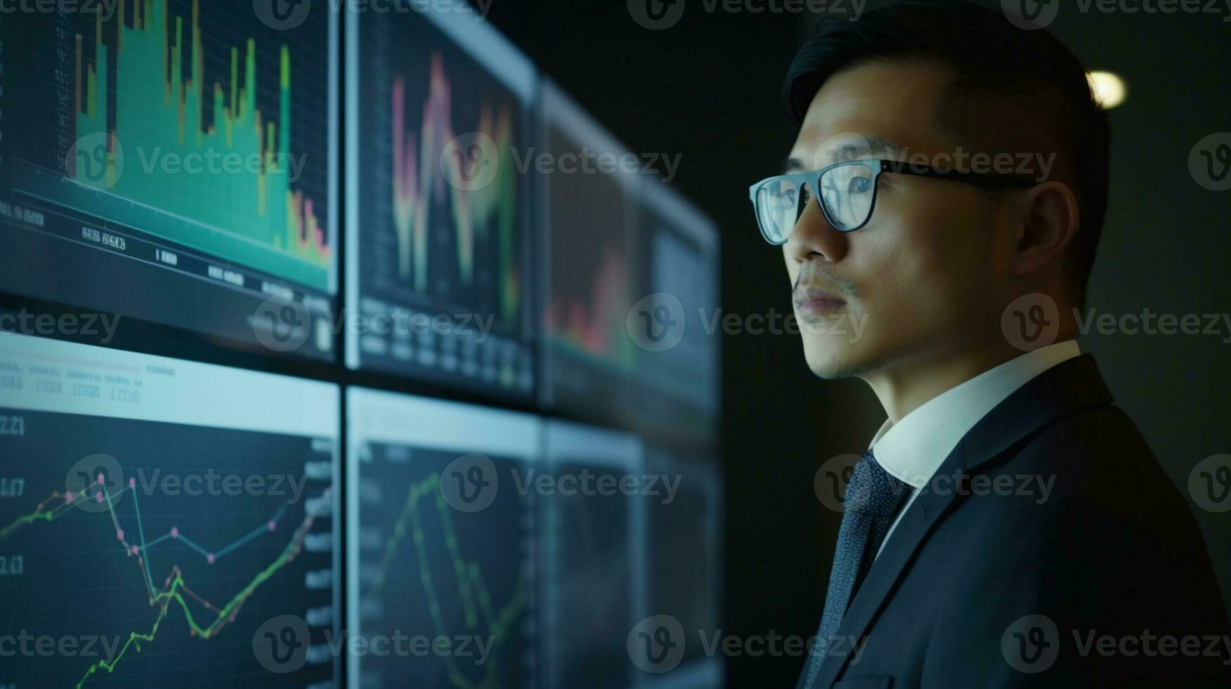 Generative Ai. Asian Businessman analyzing investment portfolio on computer screen with multiple graphs photo