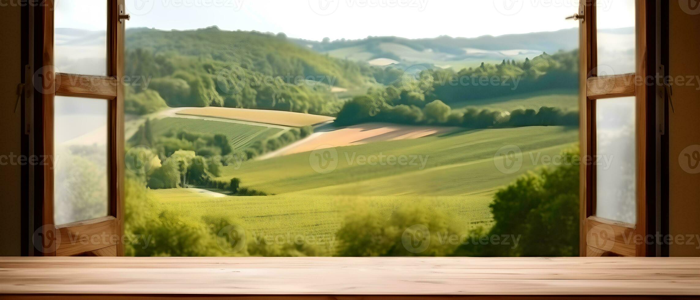 generative AI. Serene Vineyard View with Rustic Oak Table photo