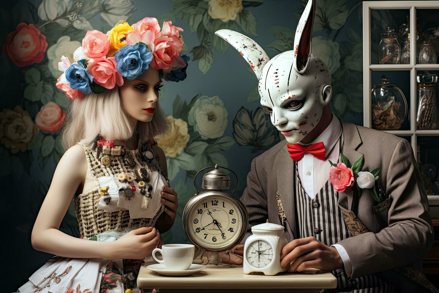 Vintage style portrait of a woman and man in carnival costumes. April Fools Day, AI Generated photo