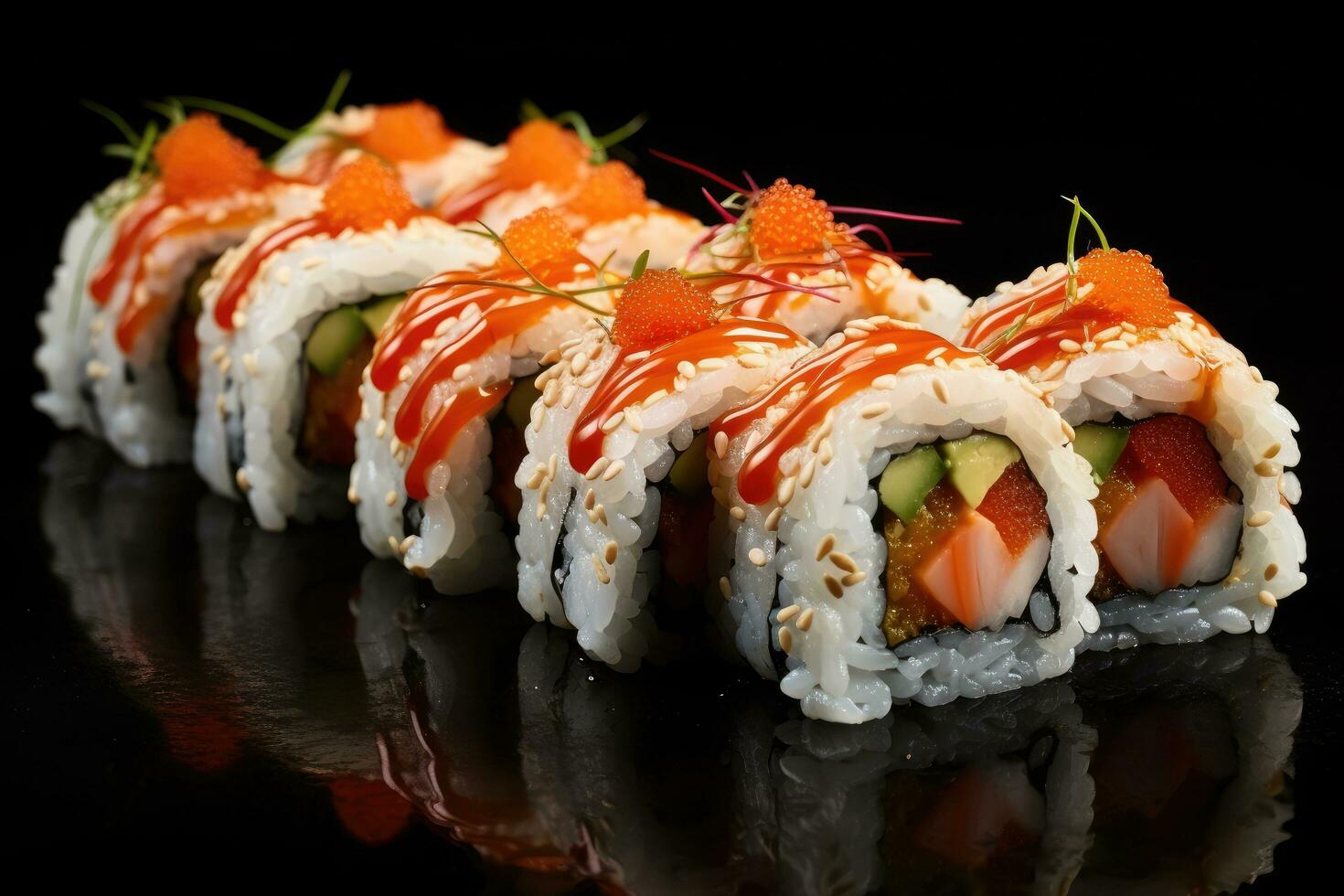 Sushi roll with salmon, avocado and cucumber on black background, Artistic recreation sushi rolls with salmon and white rice with a punctual light, AI Generated photo