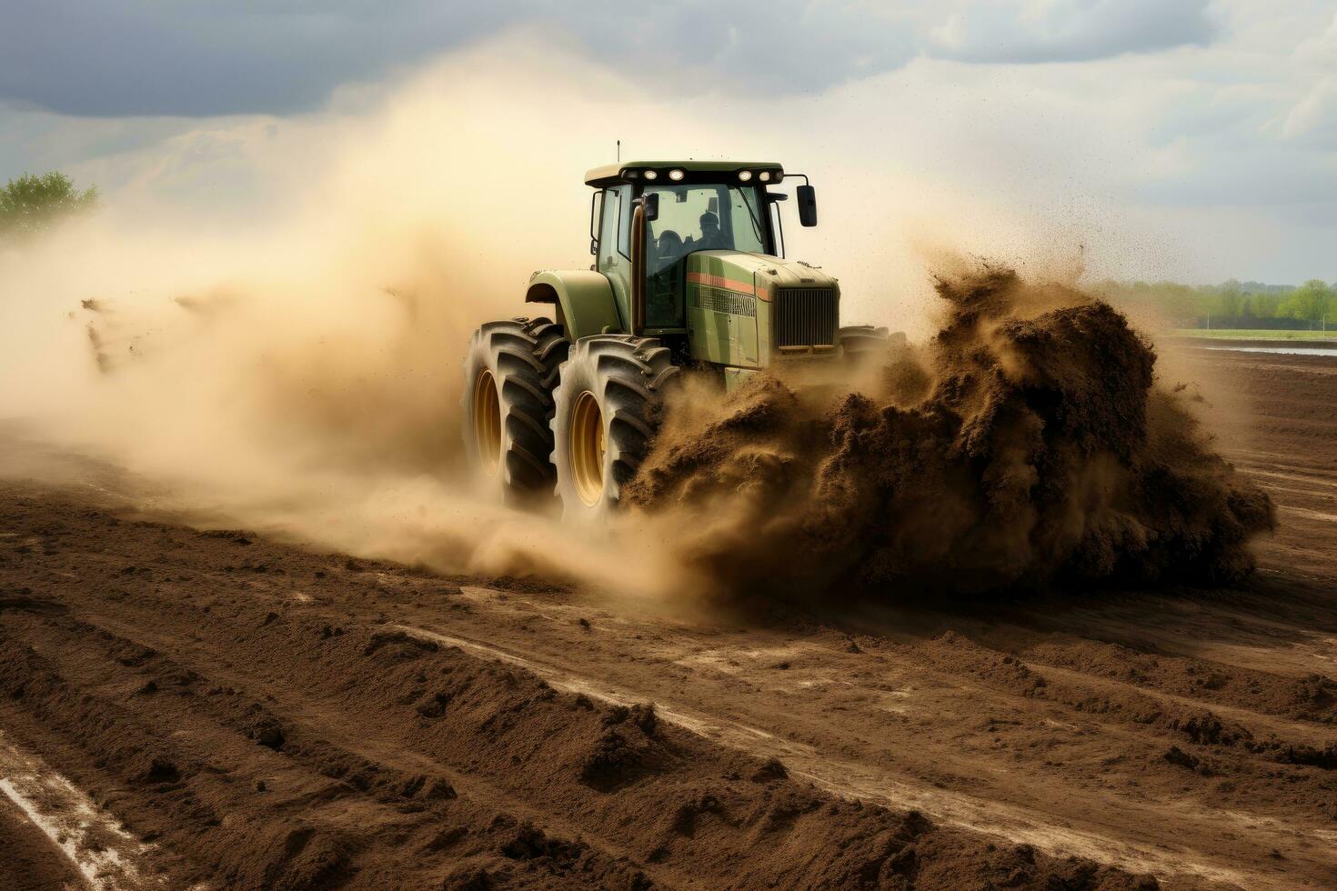 tractor en el barro en un suciedad la carretera. agrícola maquinaria. solicitud de estiércol en cultivable tierras de cultivo, ai generado foto