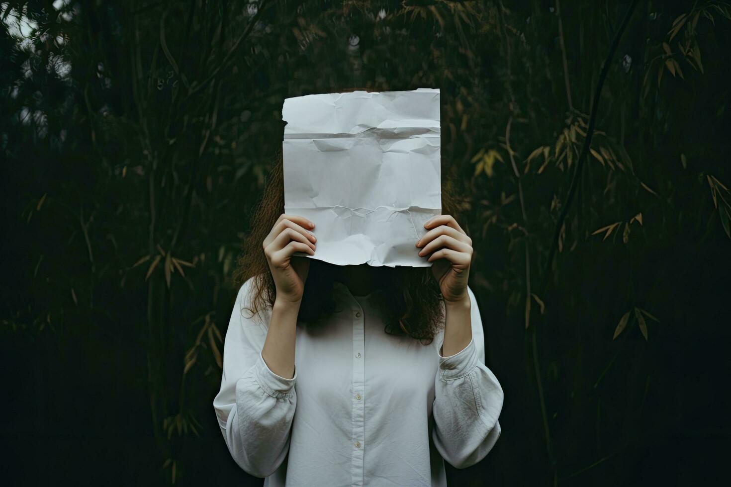 Woman covering her face with a sheet of paper in the forest. anonymous woman covering face with paper, AI Generated photo