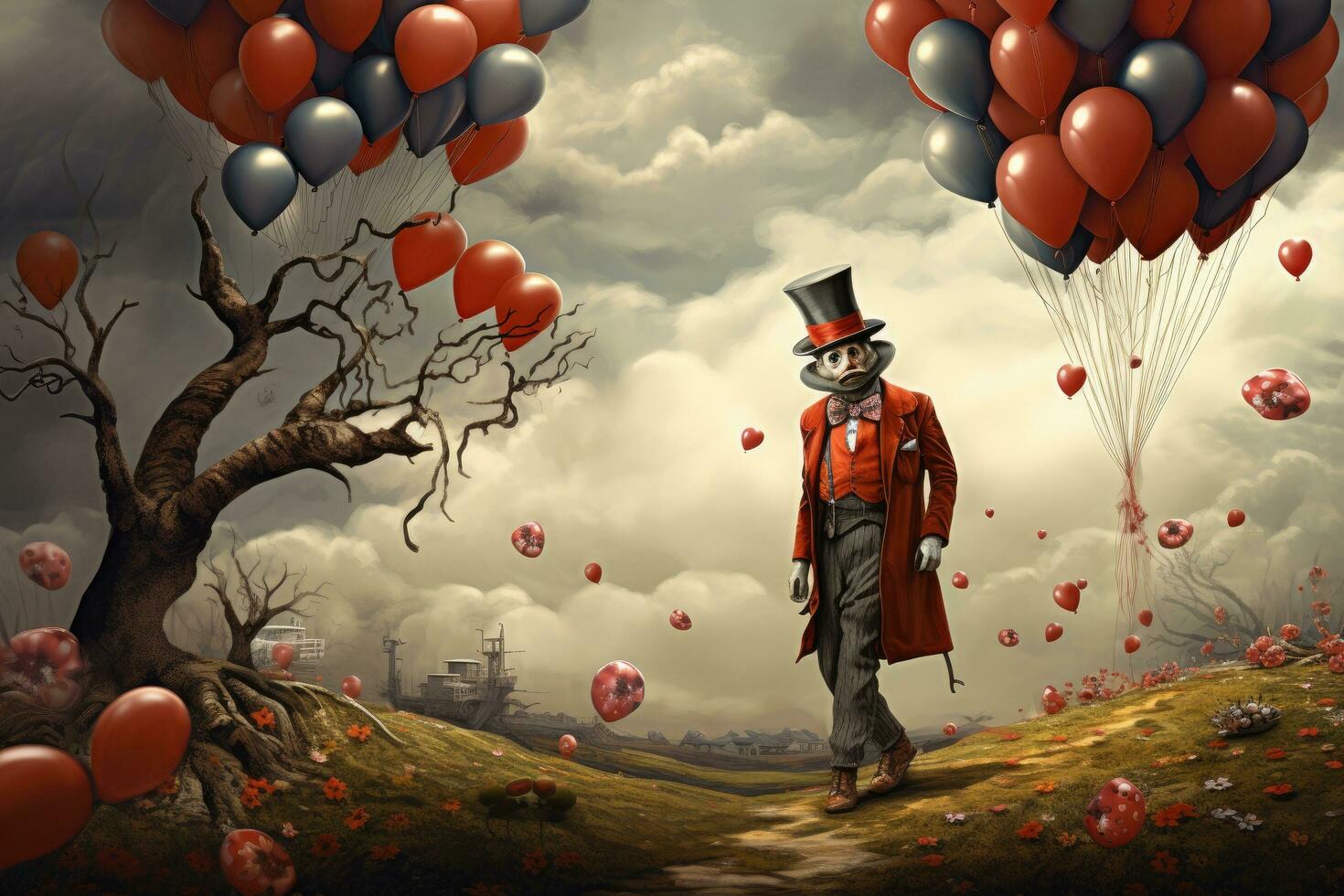 Funny clown in red cloak and hat with balloons. Mixed media, April Fools Day, AI Generated photo