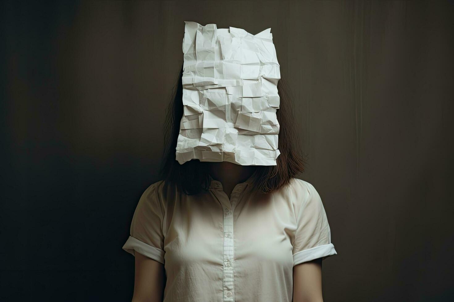 mujer con estropeado papel en su cabeza. emociones concepto. anónimo mujer cubierta cara con papel, ai generado foto