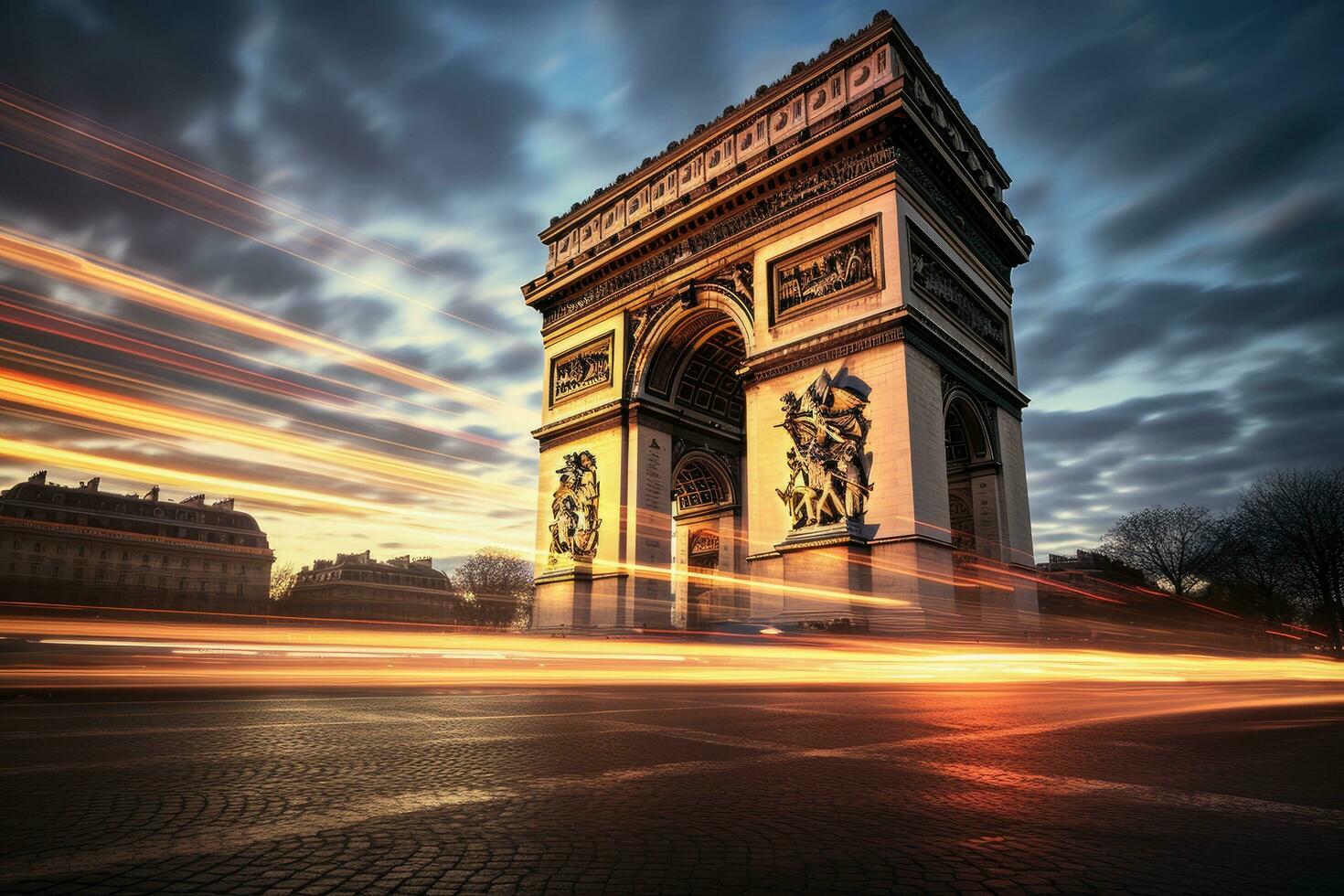 Arc de Triomphe in Paris, France. Long exposure photography, Arc de Triomphe in Paris afternoon, AI Generated photo