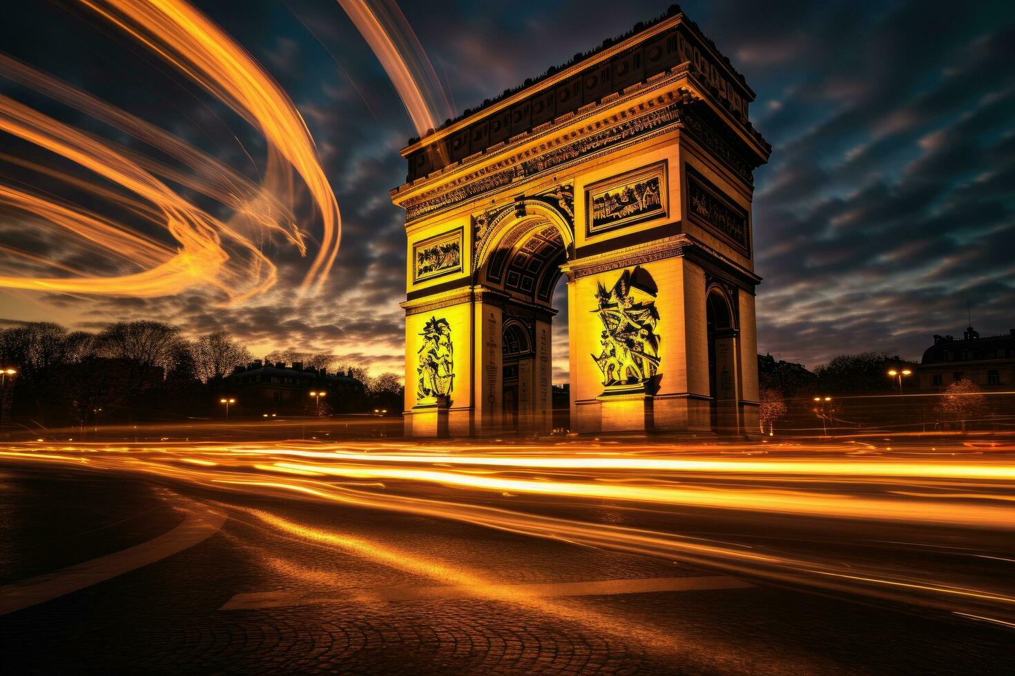 Arc de Triomphe in Paris, France. Long exposure shot, Arc de Triomphe in Paris afternoon, AI Generated photo