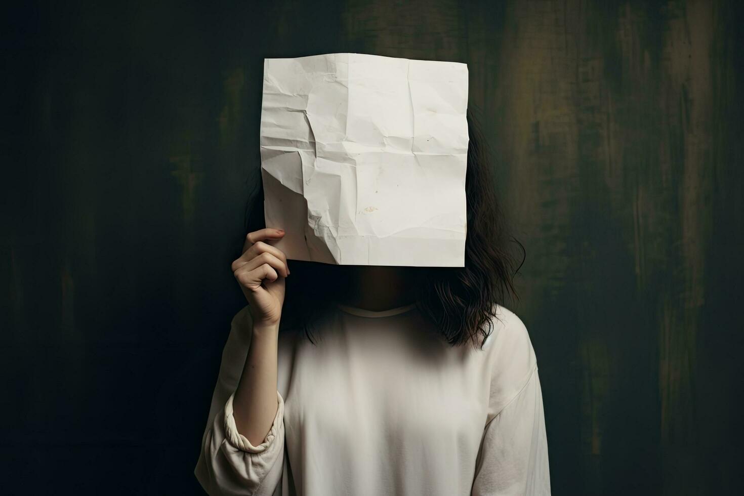 Young woman covering her face with paper sheet on dark wall background. anonymous woman covering face with paper, AI Generated photo