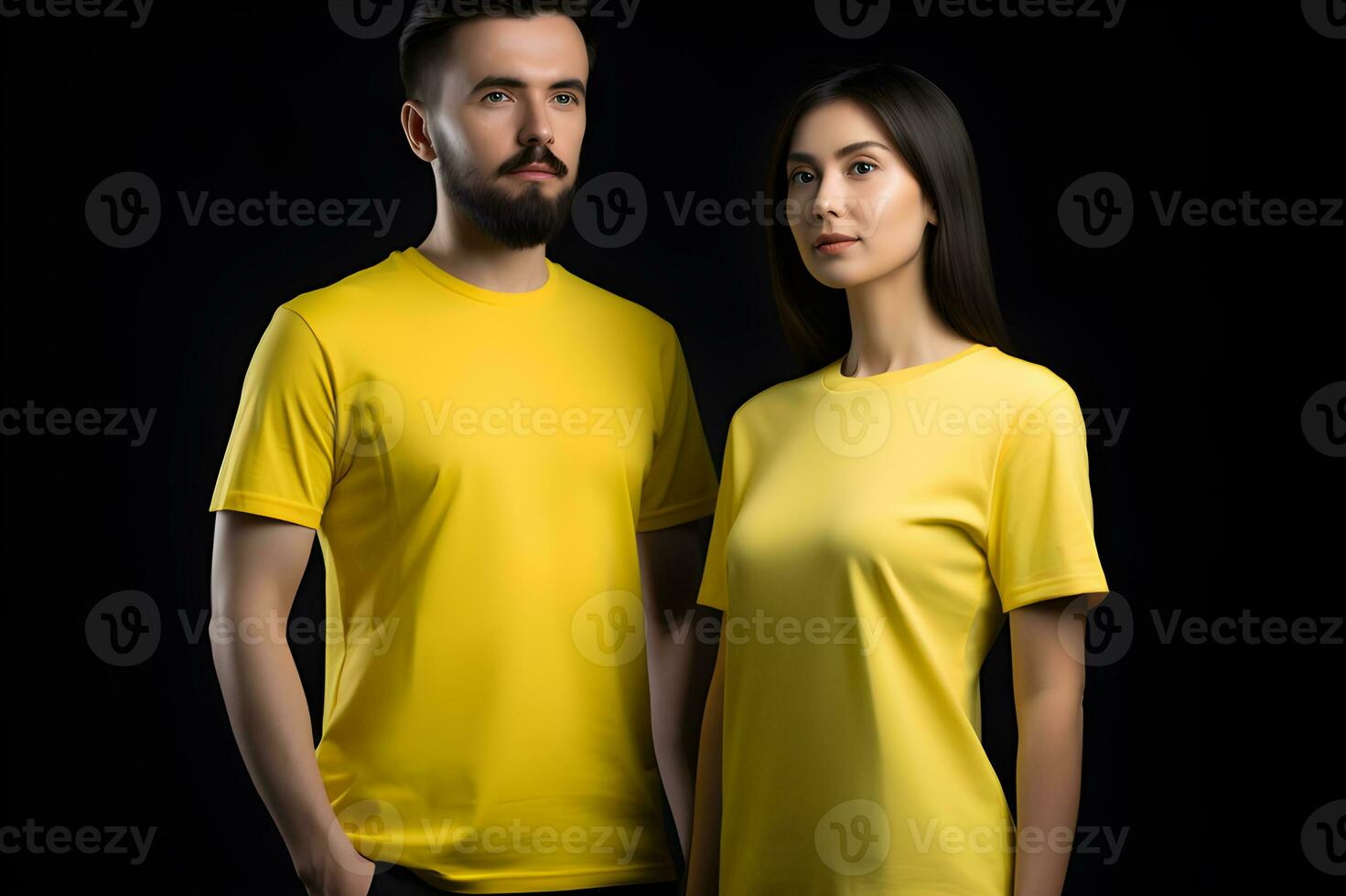 generativo ai. blanco amarillo camiseta Bosquejo en masculino y hembra modelo escaparate tu diseños en estilo foto